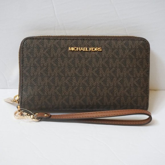 Michael Kors Jet Set Travel Large Phone Case Wristlet Wallet MK Brown Luggage - Picture 1 of 11